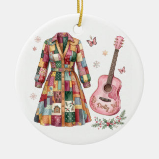 Dolly Coat of Many Colours Pink Guitar Ceramic Tree Decoration