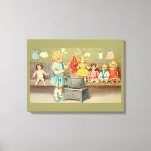 Dolly Laundry Girl Vintage Playing Dolls Cute Canvas Print