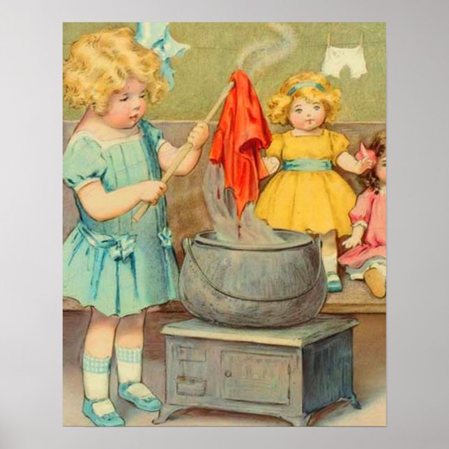Dolly Laundry Girl Vintage Playing Dolls Cute Poster (Front)