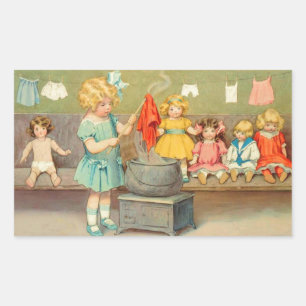 Dolly Laundry Girl Vintage Playing Dolls Cute Rectangular Sticker