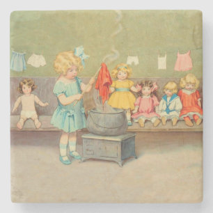 Dolly Laundry Girl Vintage Playing Dolls Cute Stone Coaster