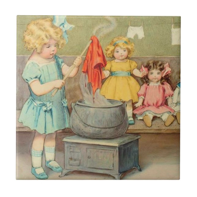 Dolly Laundry Girl Vintage Playing Dolls Cute Tile (Front)