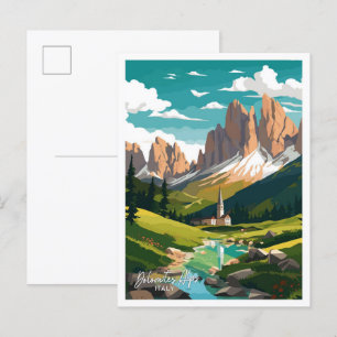 Dolomites Alps Italy Travel Vintage illustration Postcard