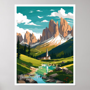 Dolomites Alps Italy Travel Vintage illustration Poster