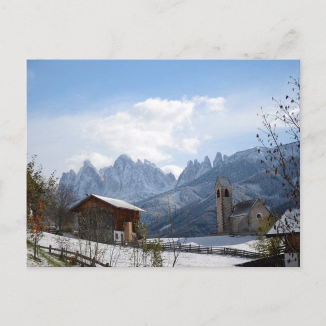 Dolomites church in winter postcard (Front)