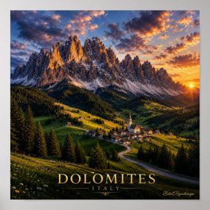 Dolomites Italy Sunset Mountain Landscape Travel p Poster