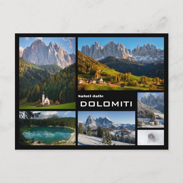 Dolomites mountain photo collage black text postcard (Front)