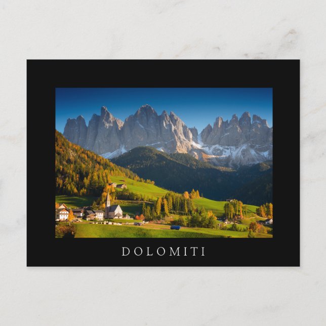 Dolomites village in fall black Dolomiti postcard (Front)