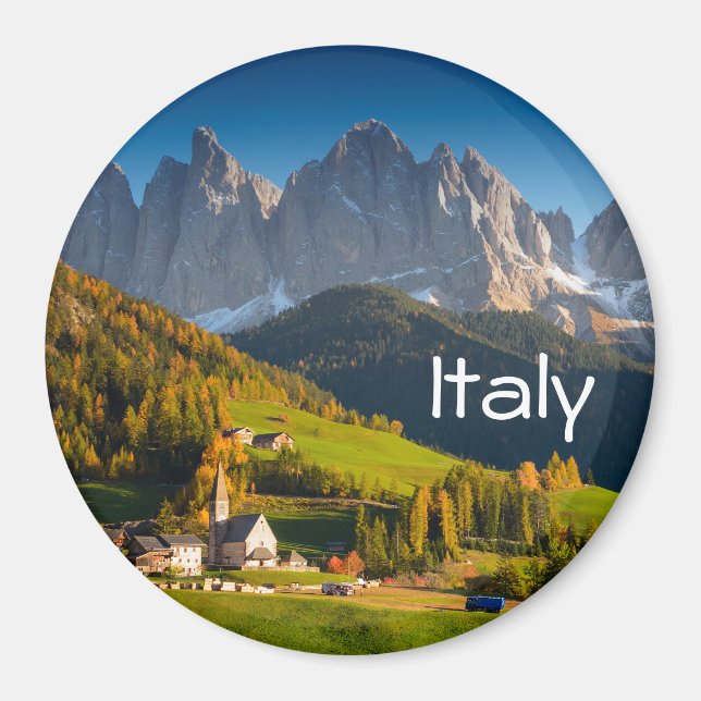 Dolomites village in fall magnet with text (Front)