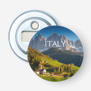Dolomites village in fall square text bottle opener
