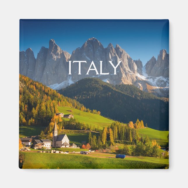Dolomites village in fall square text magnet (Front)