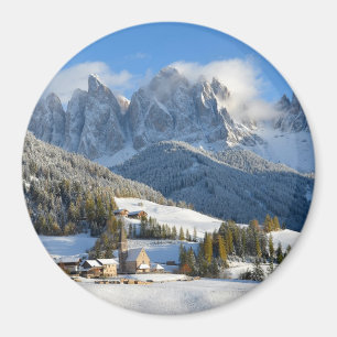 Dolomites village in winter round magnet