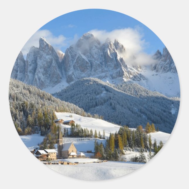 Dolomites village in winter round sticker (Front)
