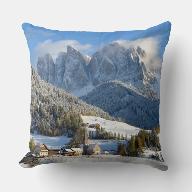 Dolomites village in winter throw pillow (Front)