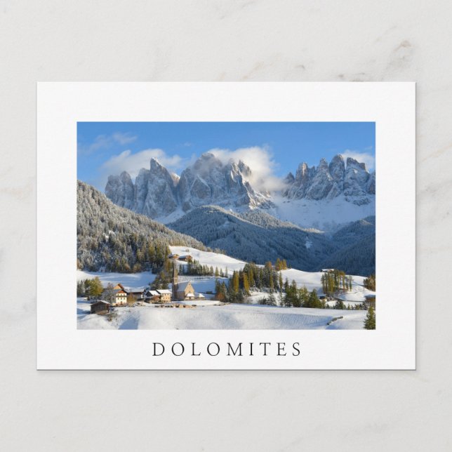 Dolomites village in winter white text postcard (Front)