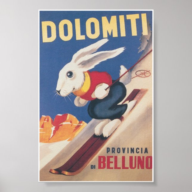 Dolomiti Italy Ski Bunny Vintage Travel Poster (Front)