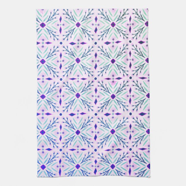 Dolores Tiles Pattern Purple Pink Mint Tea Towel (Vertical)