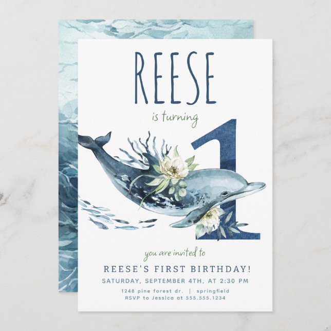 Dolphin 1st Birthday Invitation (Front/Back)