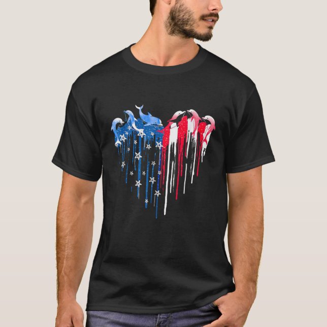 Dolphin American Flag Heart 4th Of July Patriotic T-Shirt (Front)