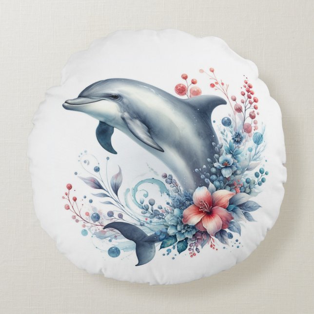 Dolphin and Flowers Round Cushion (Front)