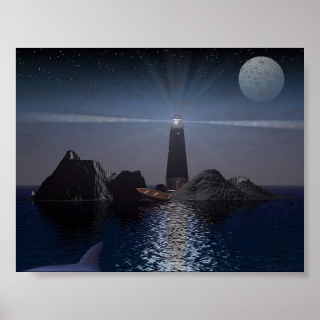 Dolphin and Lighthouse at night Poster (Front)
