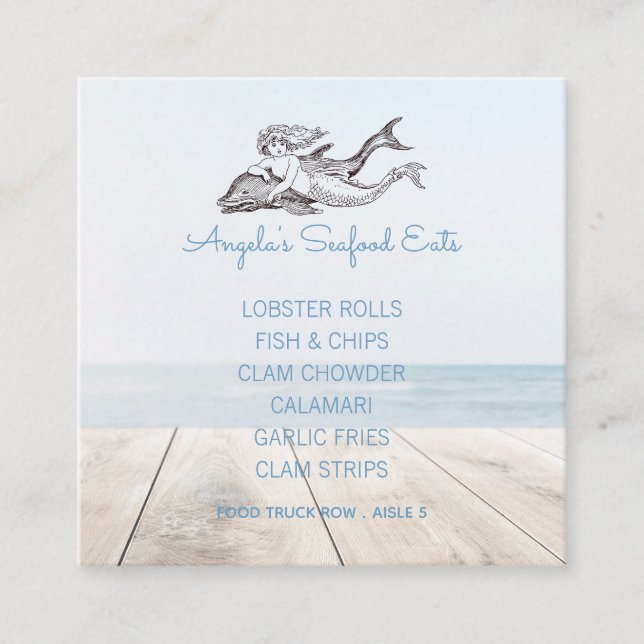 Dolphin And Mermaid Logo Seafood Square Business Card (Front)