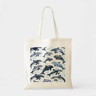 Dolphin and Orca Watercolor Ocean Pattern Tote Bag