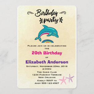 Dolphin and Starfish Tropical Themed Birthday Invitation