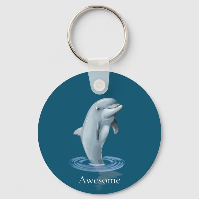 Dolphin and Text on Ocean Blue Key Ring (Front)