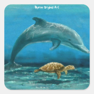 Dolphin and Turtle swimming together ! Square Sticker