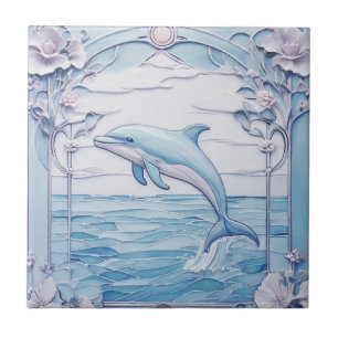 Dolphin Art Nouveau Faux Relief Light Blue Left Tile