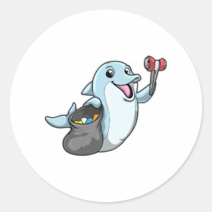 Dolphin as Cleaner with Trash bag Classic Round Sticker