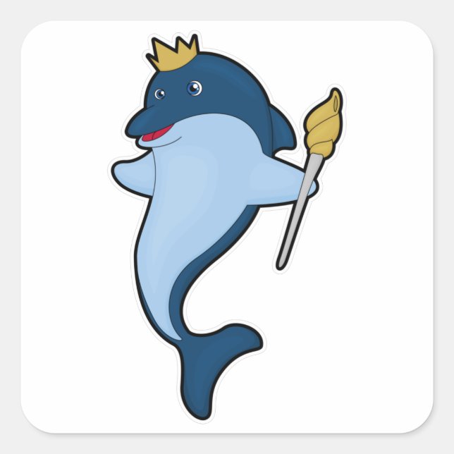 Dolphin as King with Staff & Crown Square Sticker (Front)