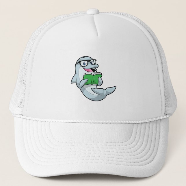 Dolphin as Nerd with Glasses & Book Trucker Hat (Front)