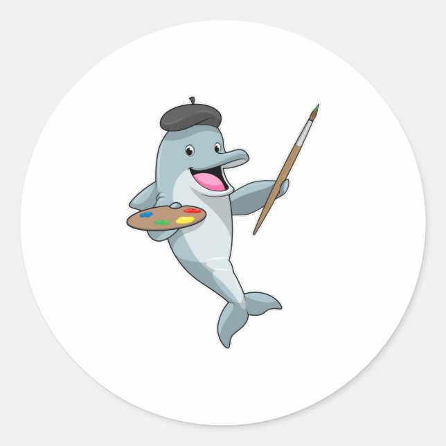 Dolphin as Painter with Paint brush & Colour Classic Round Sticker (Front)