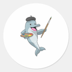 Dolphin as Painter with Paint brush & Colour Classic Round Sticker