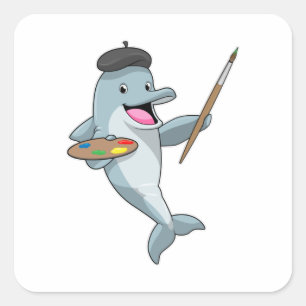 Dolphin as Painter with Paint brush & Colour Square Sticker