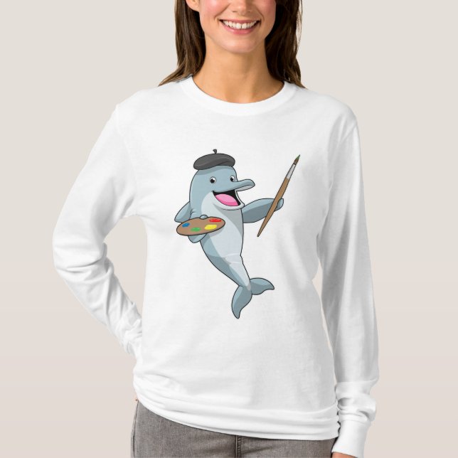 Dolphin as Painter with Paint brush & Colour T-Shirt (Front)