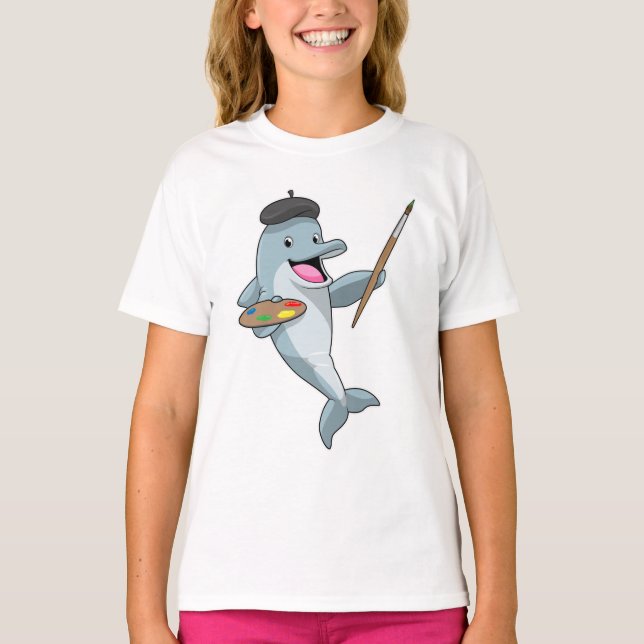 Dolphin as Painter with Paint brush & Colour T-Shirt (Front)