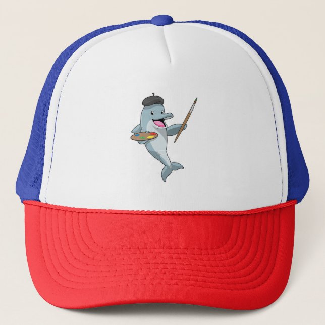 Dolphin as Painter with Paint brush & Colour Trucker Hat (Front)