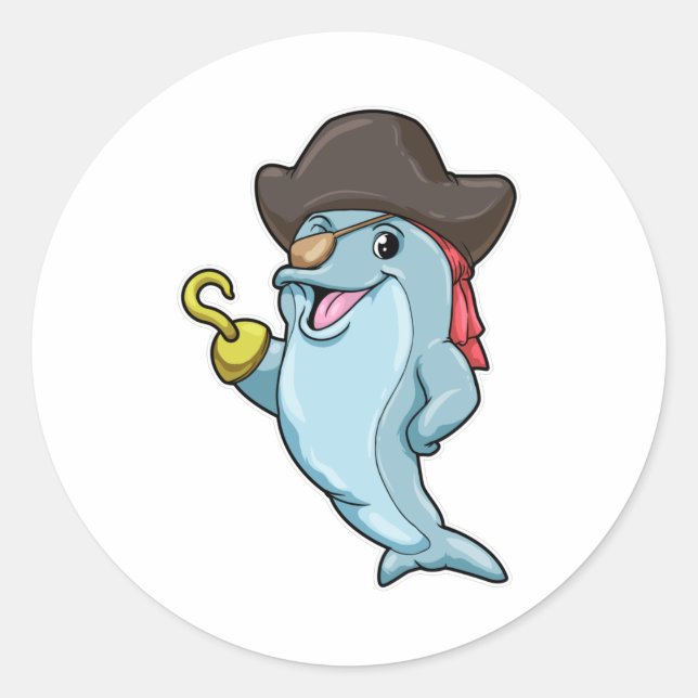 Dolphin as Pirate with Eye patch & Hooked hand Classic Round Sticker (Front)