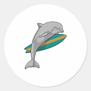 Dolphin as Surfer with Surfboard Classic Round Sticker