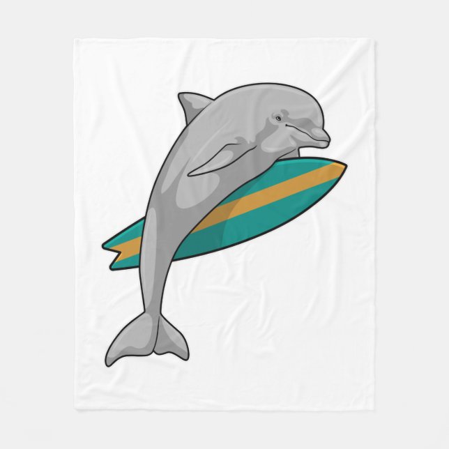 Dolphin as Surfer with Surfboard Fleece Blanket (Front)
