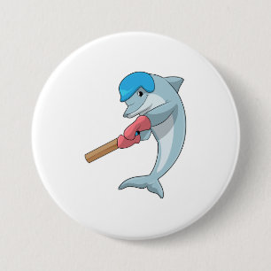 Dolphin at Cricket with Cricket bat 7.5 Cm Round Badge