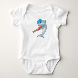 Dolphin at Cricket with Cricket bat Baby Bodysuit