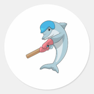 Dolphin at Cricket with Cricket bat Classic Round Sticker