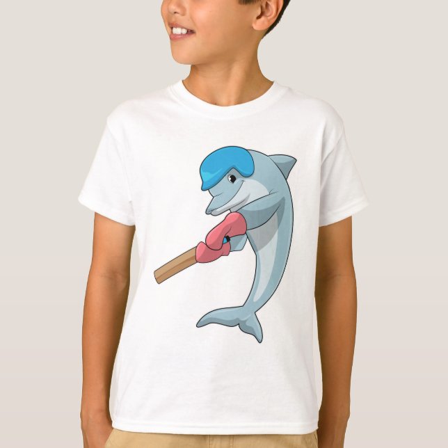 Dolphin at Cricket with Cricket bat T-Shirt (Front)