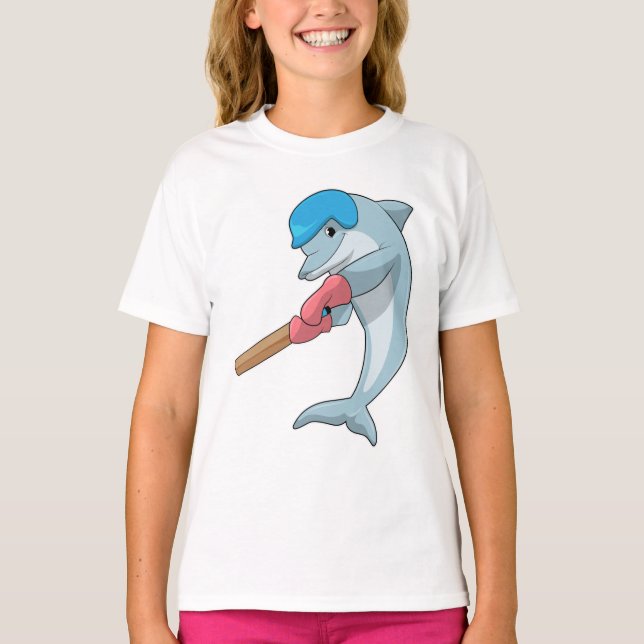 Dolphin at Cricket with Cricket bat T-Shirt (Front)