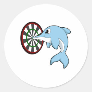 Dolphin at Darts with Dartboard Classic Round Sticker