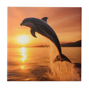 Dolphin At Golden Sunset Tile